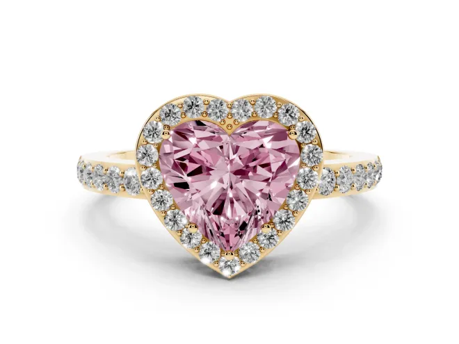 Heart-Shaped Halo Pavé Engagement Ring Setting for a Fancy Pink Lab-Grown Diamond | Heart Cutout Gallery | Yellow Gold