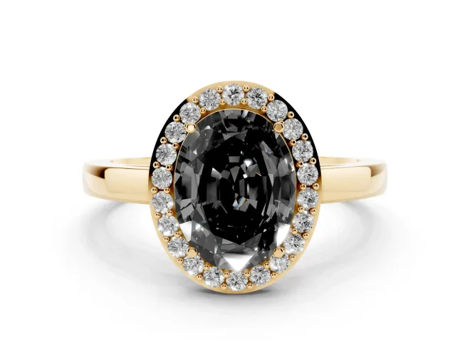 Oval Thin Halo Engagement Ring Setting for a Black Center | Slim Plain Band | Yellow Gold