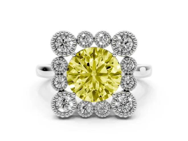 Fancy Yellow Round Cut Diamond Cluster Halo Ring Set in Platinum with Milgrain Bezel Accents and Plain Band