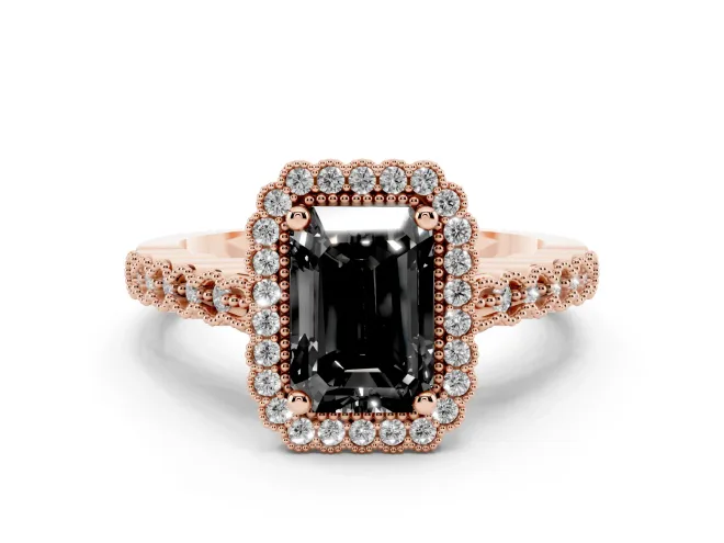 Fancy Black Radiant Cut Diamond Halo Ring Set in Rose gold with Pavé Milgrain Band