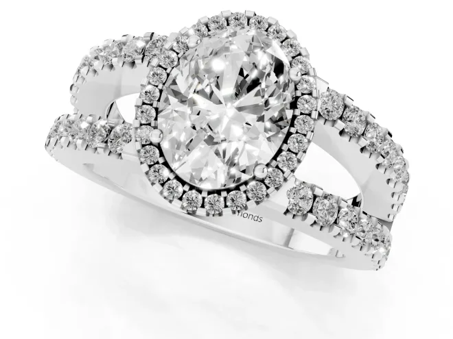 Oval Cut Diamond Halo Ring Set in Silver with Pavé Split Shank and Prong Setting – second view