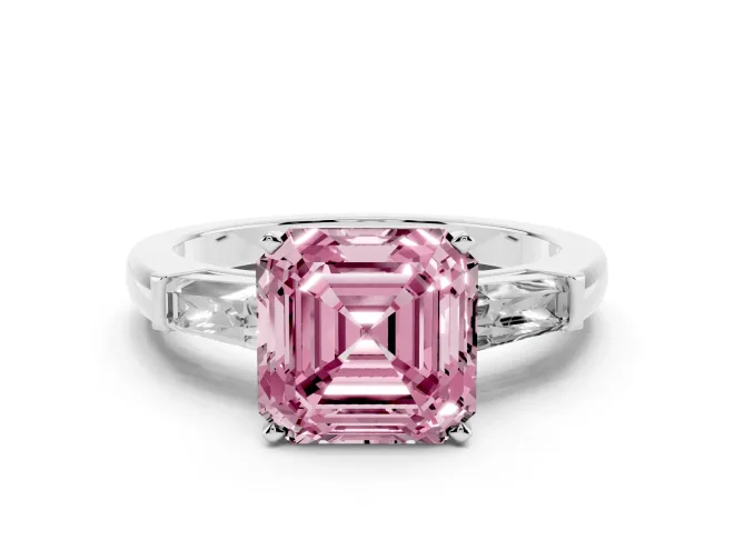 Asscher Cut Three Stone Engagement Ring Setting for a Fancy Pink Lab-Grown Diamond | Tapered Baguettes | Platinum