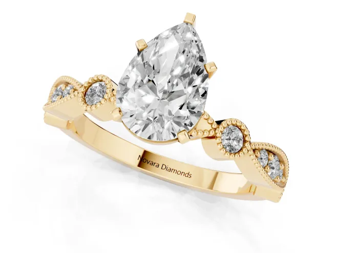 Pear Cut Diamond Solitaire Engagement Ring Set in Yellow gold with Milgrain Bezel Accent Band – second view