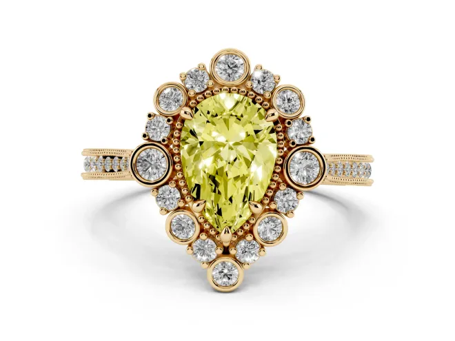 Pear-Shaped Scalloped Halo Engagement Ring Setting for a Fancy Yellow Lab-Grown Diamond | Milgrain Edges | Yellow Gold