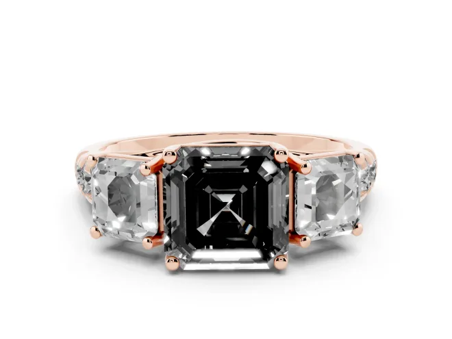 Fancy Black Asscher Cut Diamond Three-Stone Ring Set in Rose gold with Pavé Band