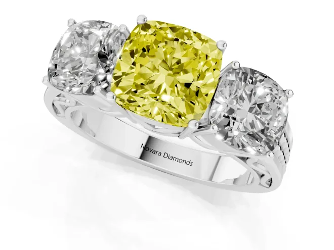 Fancy Yellow Cushion Cut Diamond Three-Stone Ring Set in Platinum with Textured Band – second view