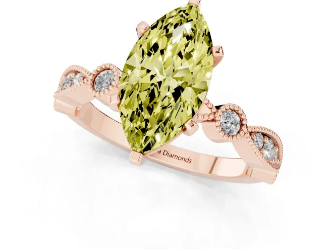 Fancy Yellow Marquise Cut Diamond Solitaire Engagement Ring Set in Rose gold with Milgrain Bezel Accent Band – second view