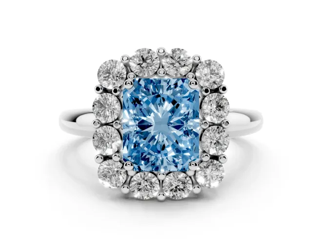 Radiant Cut Cluster Halo Engagement Ring Setting for a Fancy Blue Lab-Grown Diamond | Large Round Accents | White Gold