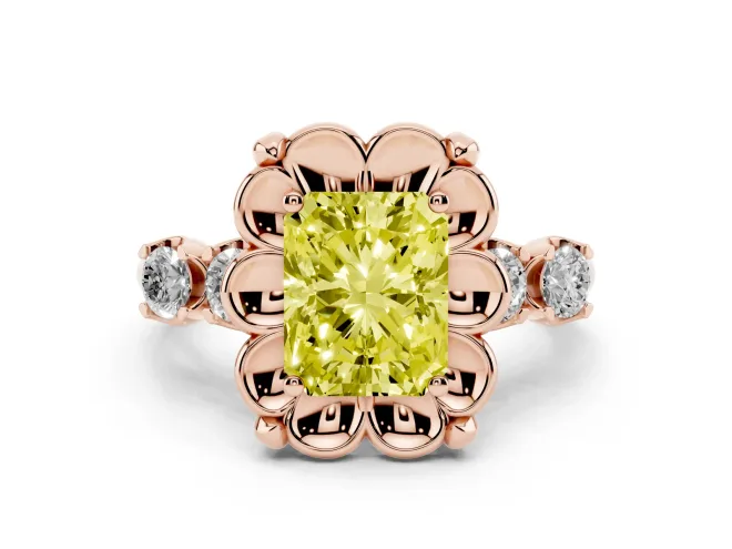 Fancy Yellow Radiant Cut Diamond Floral Halo Ring Set in Rose gold with Shared Prong Band