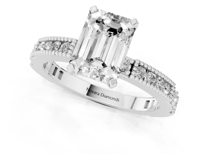 Emerald Cut Diamond Solitaire Ring Set in White gold with Slim Pavé Band and Prong Setting – second view