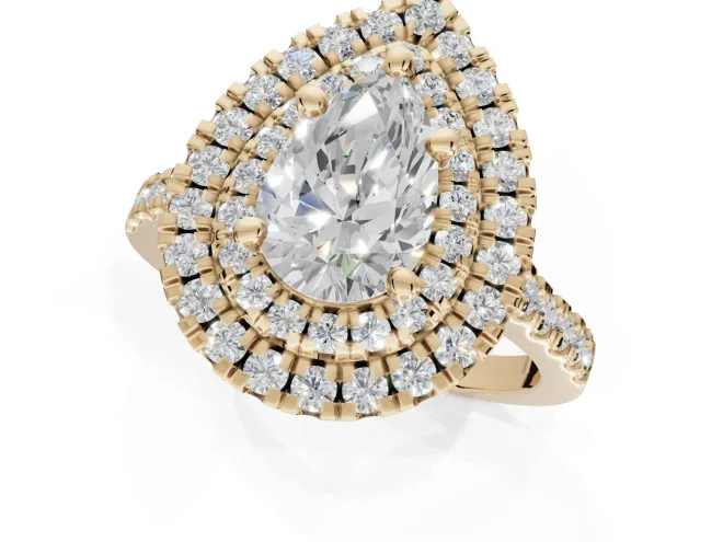 Pear-Shaped Lab-Grown Diamond Double Halo Statement Ring Set in Yellow Gold with Pavé Band – second view