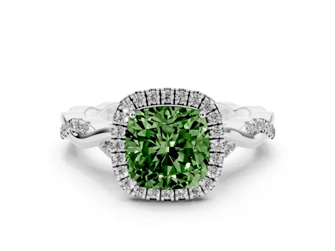 Cushion Cut Twist Halo Engagement Ring Setting for a Fancy Green Lab-Grown Diamond | White Gold