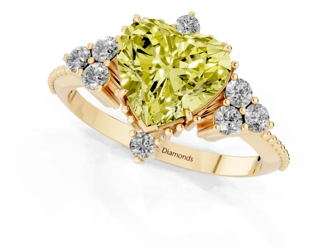 Fancy Yellow Heart Cut Diamond Cluster Ring Set in Yellow gold with Beaded Band – second view