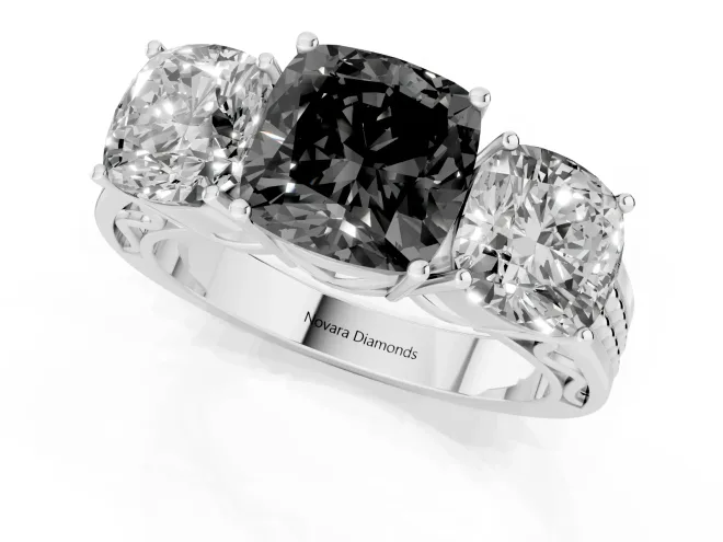Fancy Black Cushion Cut Diamond Three-Stone Ring Set in Platinum with Textured Band – second view