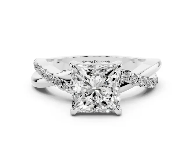 Princess Cut Diamond Twist Band Solitaire Set in White gold with Pavé Accents and Prong Setting