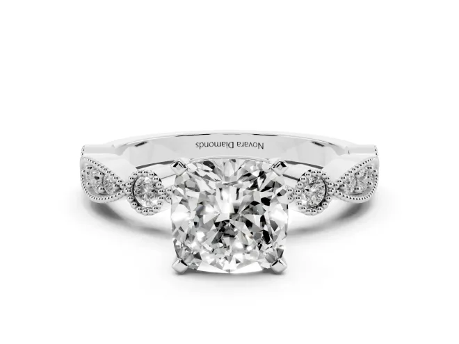 Cushion Cut Vintage Milgrain Solitaire Engagement Ring Setting | Bezel Accents | White Gold
