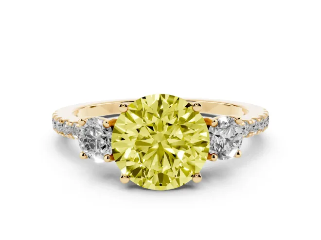 Fancy Yellow Round Cut Diamond Three-Stone Ring Set in Yellow gold with Pavé Band and Graduated Sides