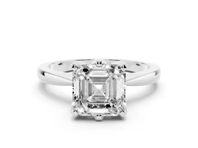Asscher Cut Diamond Solitaire Engagement Ring Set in White gold with Slim Tapered Solitaire Band