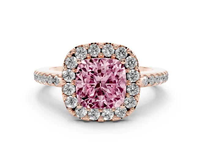 Cushion Cut Pavé Halo Engagement Ring Setting for a Fancy Pink Lab-Grown Diamond | Pavé Band | Rose Gold