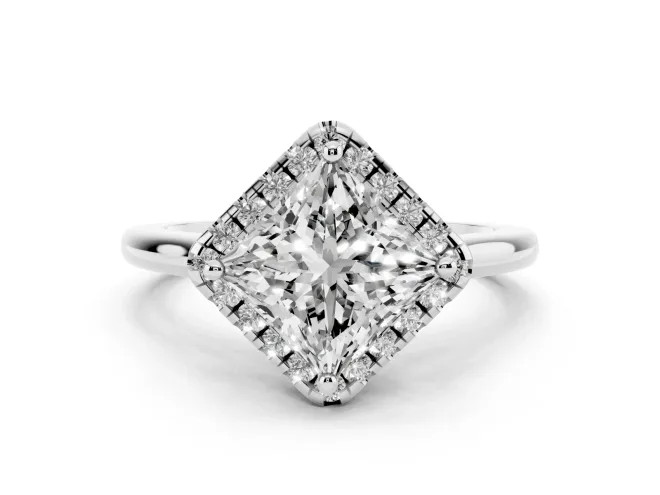 Princess Cut Diamond Halo Engagement Ring Set in White gold with Pavé Band and Rising Shoulders