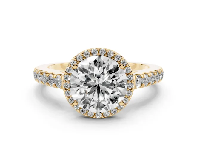 Round Cut Diamond Halo Engagement Ring Set in Yellow gold with Pavé Band and Prong Setting