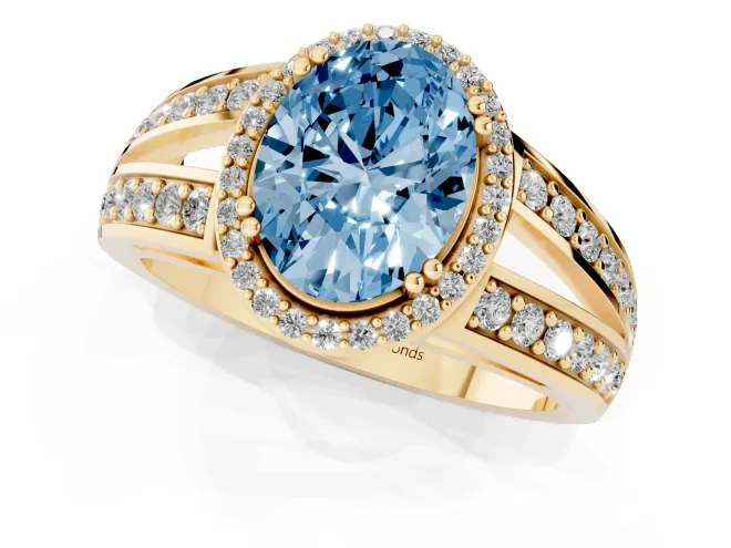 Fancy Blue Oval Cut Diamond Halo Ring Set in Yellow gold with Double Pavé Split Shank – second view