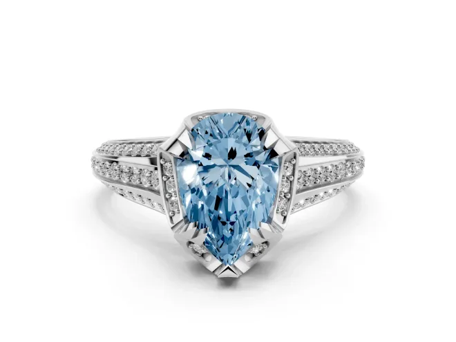 Pear-Shaped Hidden Halo Engagement Ring Setting for a Fancy Blue Lab-Grown Diamond | Triple Row Pavé Band | White Gold