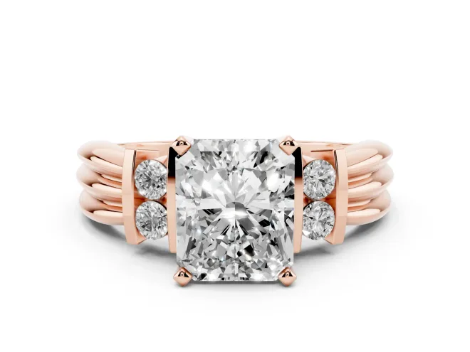Three-Stone Radiant Cut Diamond Channel Set Ring Set in Rose gold with Bar Prongs