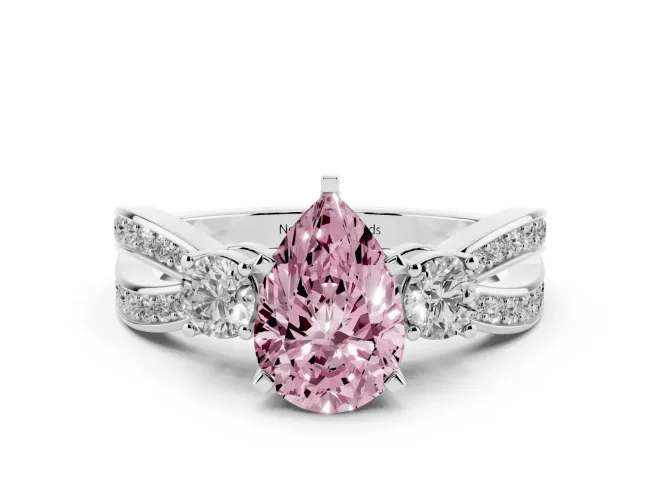 Pear-Shaped Three-Stone Pavé Twist Engagement Ring Setting for a Fancy Pink Lab-Grown Diamond | Split Shank | White Gold