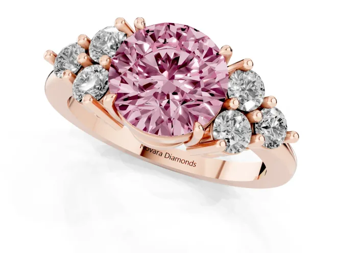 Fancy Pink Round Cut Diamond Solitaire Ring Set in Rose gold with Cluster Accents on Each Side – second view