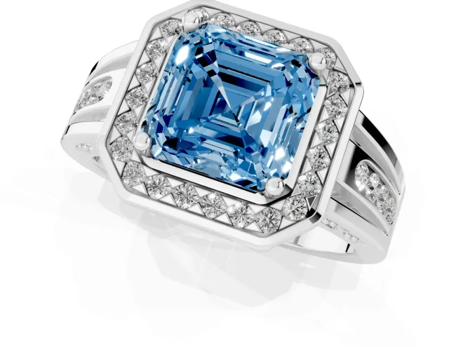 Fancy Blue Asscher Cut Diamond Halo Ring Set in Platinum with Pavé and Bezel Accent Split Shank – second view