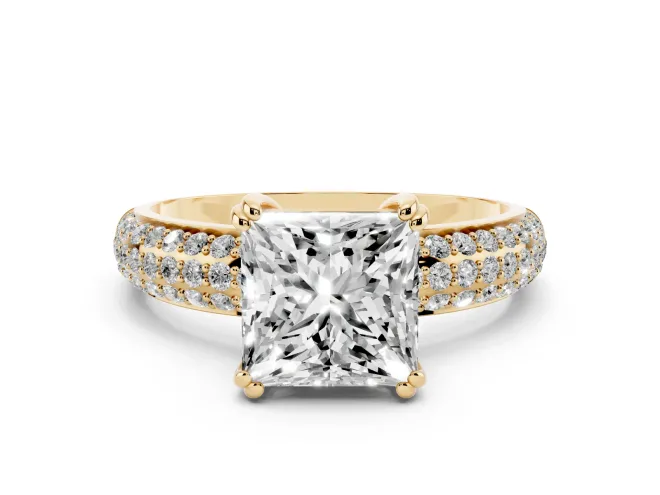 Princess Cut Three Row Pave Solitaire Engagement Ring Setting | Double Claw Prongs | Yellow Gold