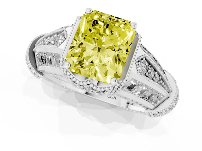 Fancy Yellow Radiant Cut Diamond Vintage-Inspired Milgrain Ring Set in Platinum with Accent Split Shank – second view