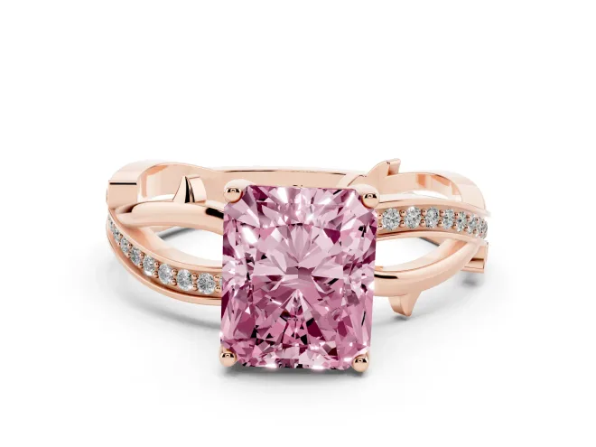 Radiant Cut Twisted Pavé Engagement Ring Setting for a Fancy Pink Lab-Grown Diamond | Pavé and Plain Strands | Rose Gold