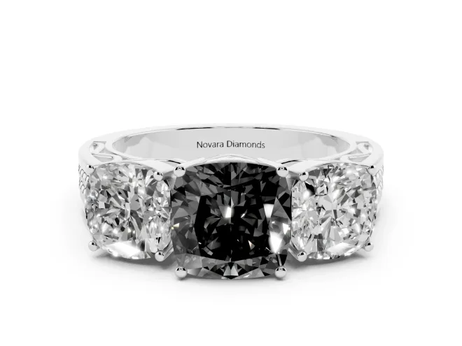 Fancy Black Cushion Cut Diamond Three-Stone Ring Set in White gold with Textured Band