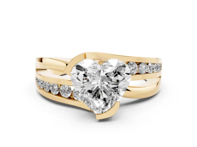 Heart-Shaped Graduated Channel Bypass Engagement Ring Setting | Split Shank | Yellow Gold