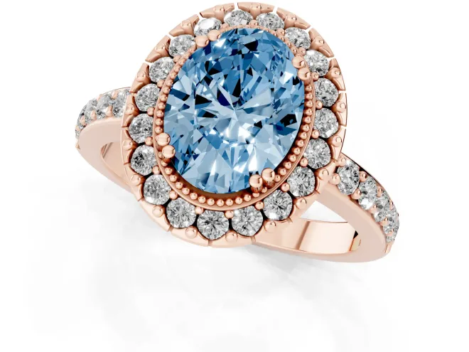 Fancy Blue Oval Cut Diamond Halo Ring Set in Rose gold with Pavé Shank and Prong Setting – second view