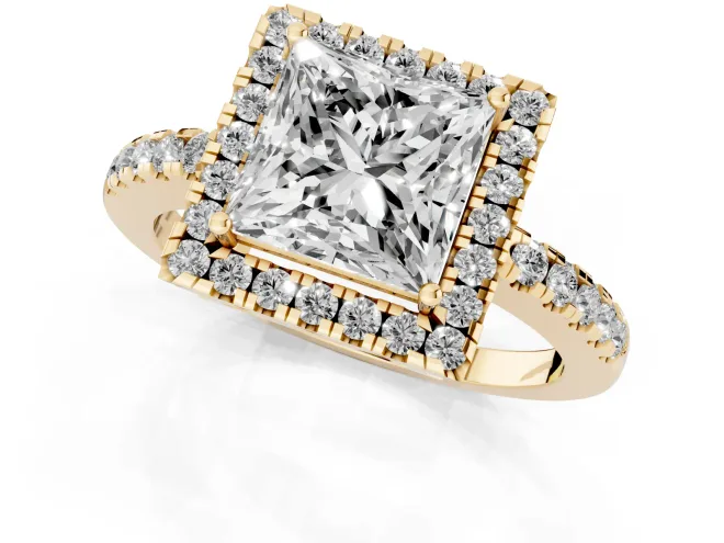 Princess Cut Diamond Pavé Band Halo Engagement Ring Set in Yellow gold with Prong Setting – second view