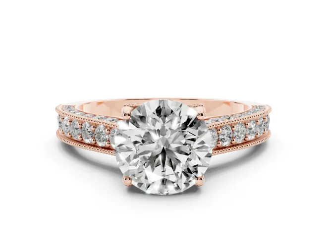 Round Vintage Hidden Halo Engagement Ring Setting | Milgrain Pavé Band | Rose Gold