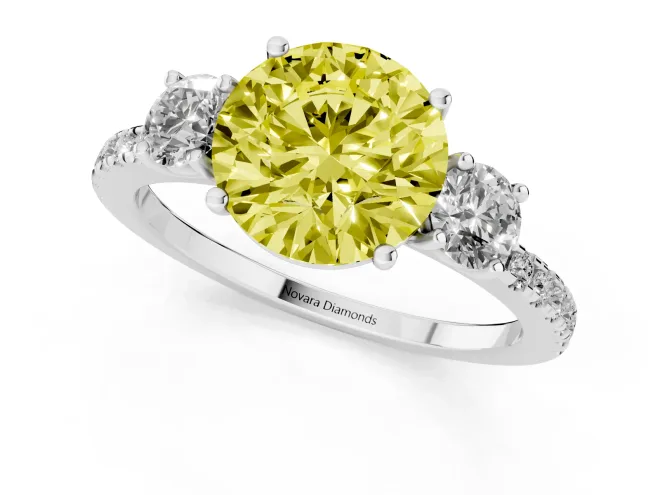 Fancy Yellow Round Cut Diamond Three-Stone Ring Set in Silver with Pavé Band and Graduated Sides – second view