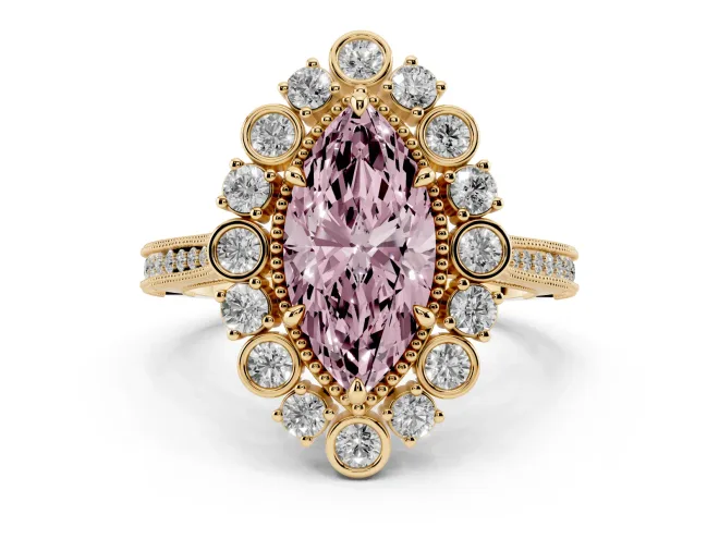 Marquise Scalloped Halo Engagement Ring Setting for a Fancy Pink Lab-Grown Diamond | Milgrain Edges | Yellow Gold