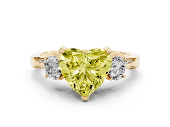 Heart-Shaped Hidden Halo Three Stone Engagement Ring Setting for a Fancy Yellow Lab-Grown Diamond | Yellow Gold