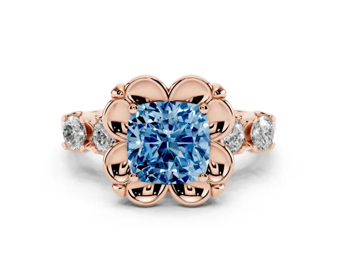 Fancy Blue Cushion Cut Diamond Floral Halo Ring Set in Rose gold with Shared Prong Band
