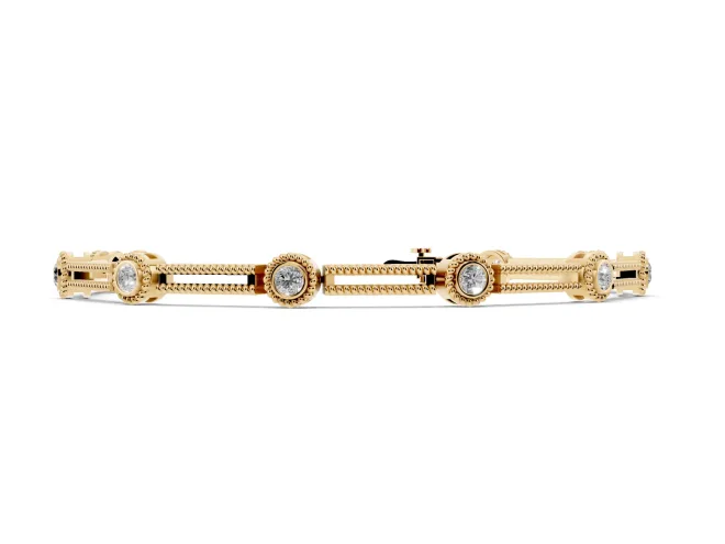 Round Lab-Grown Diamond Bezel Station Bracelet | Open Rope Bar Links | Yellow Gold