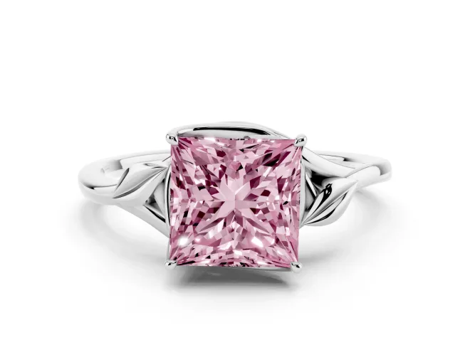 Fancy Pink Princess Cut Diamond Solitaire Ring Set in Silver with Polished Twist Band
