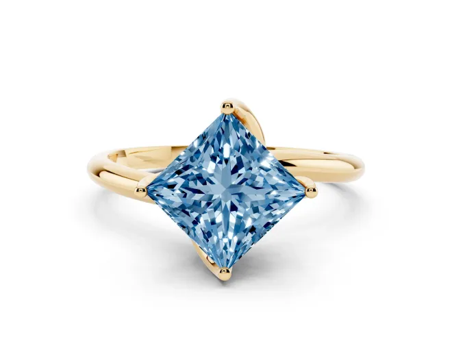 Fancy Blue Princess Cut Diamond Solitaire Engagement Ring Set in Yellow gold with Classic Plain Band