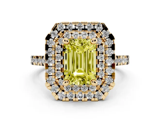 Emerald Cut Double Halo Engagement Ring Setting for a Fancy Yellow Lab-Grown Diamond | Pavé Shoulders | Yellow Gold