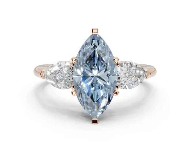 Marquise Three-Stone Ring Setting for a Fancy Blue Lab-Grown Diamond | Pear Side Stones | Rose Gold