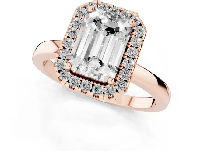 Emerald Cut Diamond Halo Solitaire Ring Set in Rose gold with Pavé Band and Prong Setting – second view