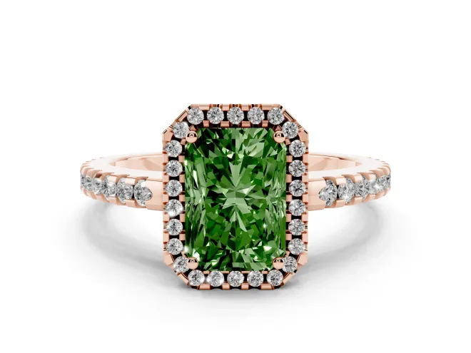 Fancy Green Radiant Cut Diamond Halo Ring Set in Rose gold with Pavé Shoulders and Halo-Framed Center